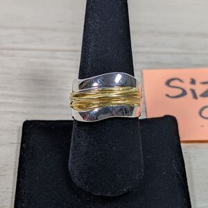 Two Tone Silver Gold Ring Wide Band Modernist Wrap Design Size 9